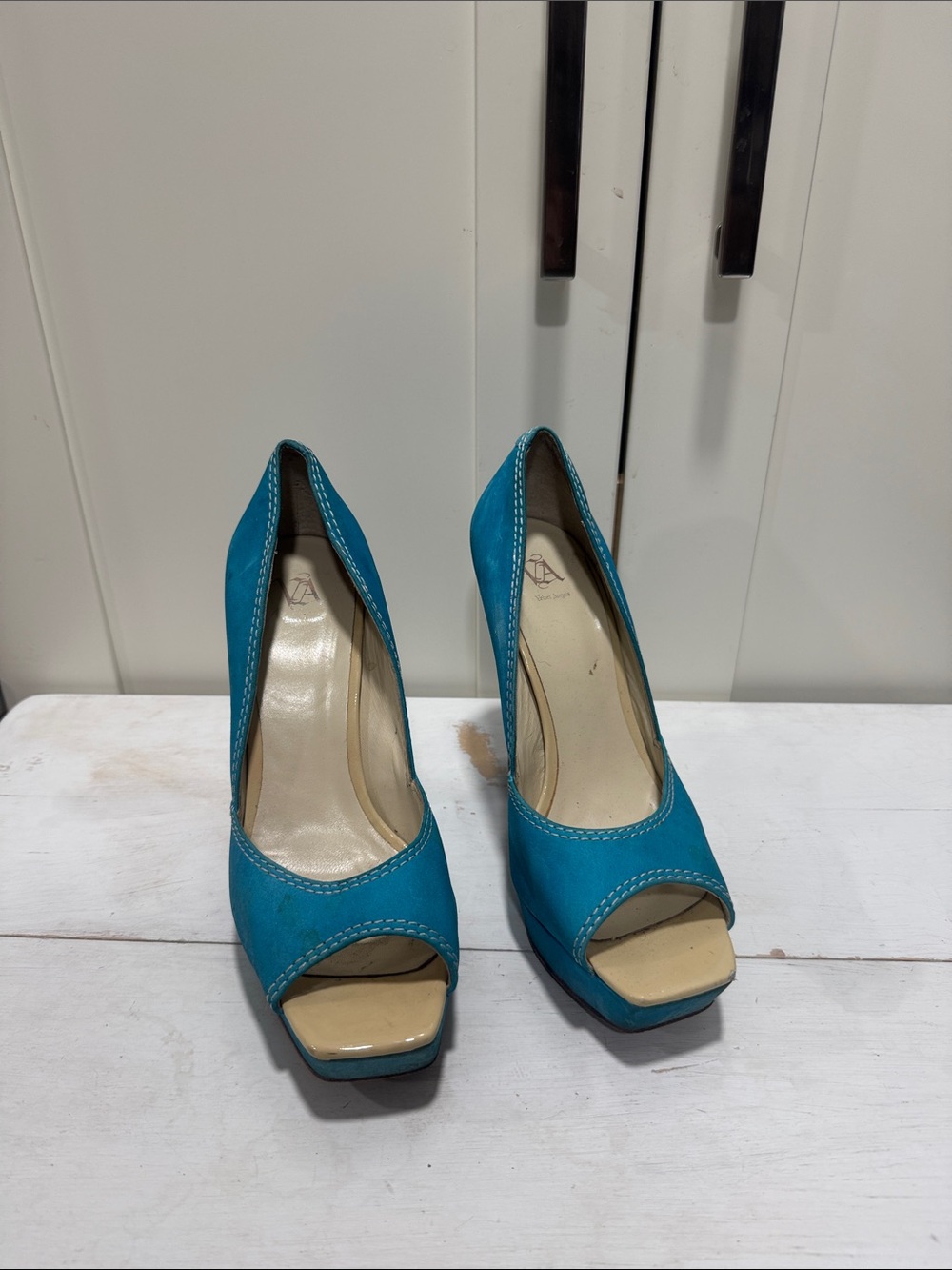 Velvet Angels Turquoise Peep-Toe Platform Heels
